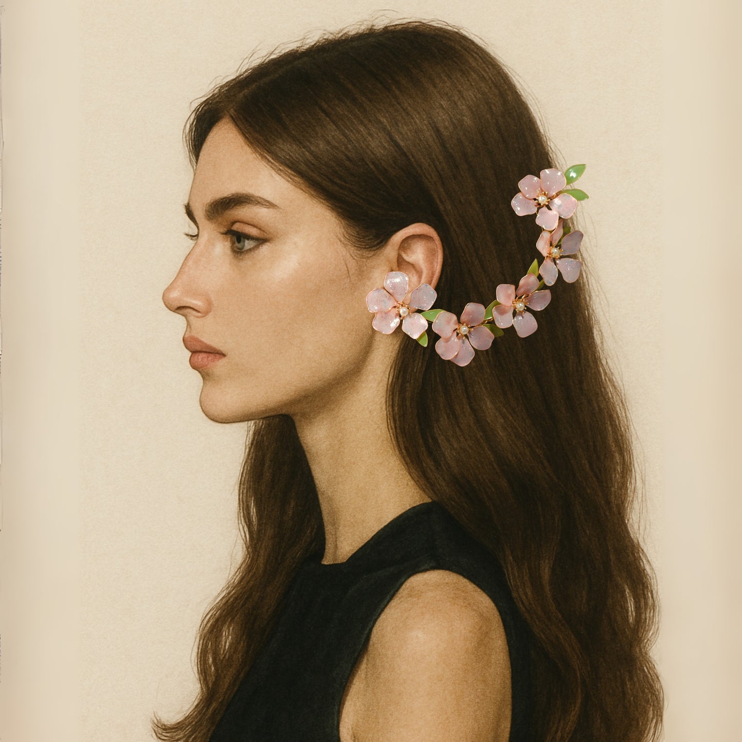 Model wearing complete Aubri pink resin floral bridal jewellery set side profile