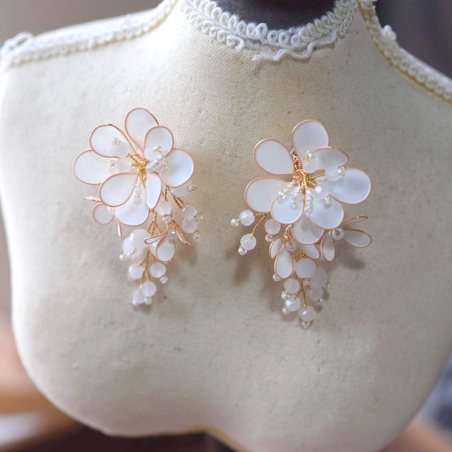 Calla handcrafted white ivory resin floral statement drop earrings bridal wedding rose gold opalescent The Vintage Snob