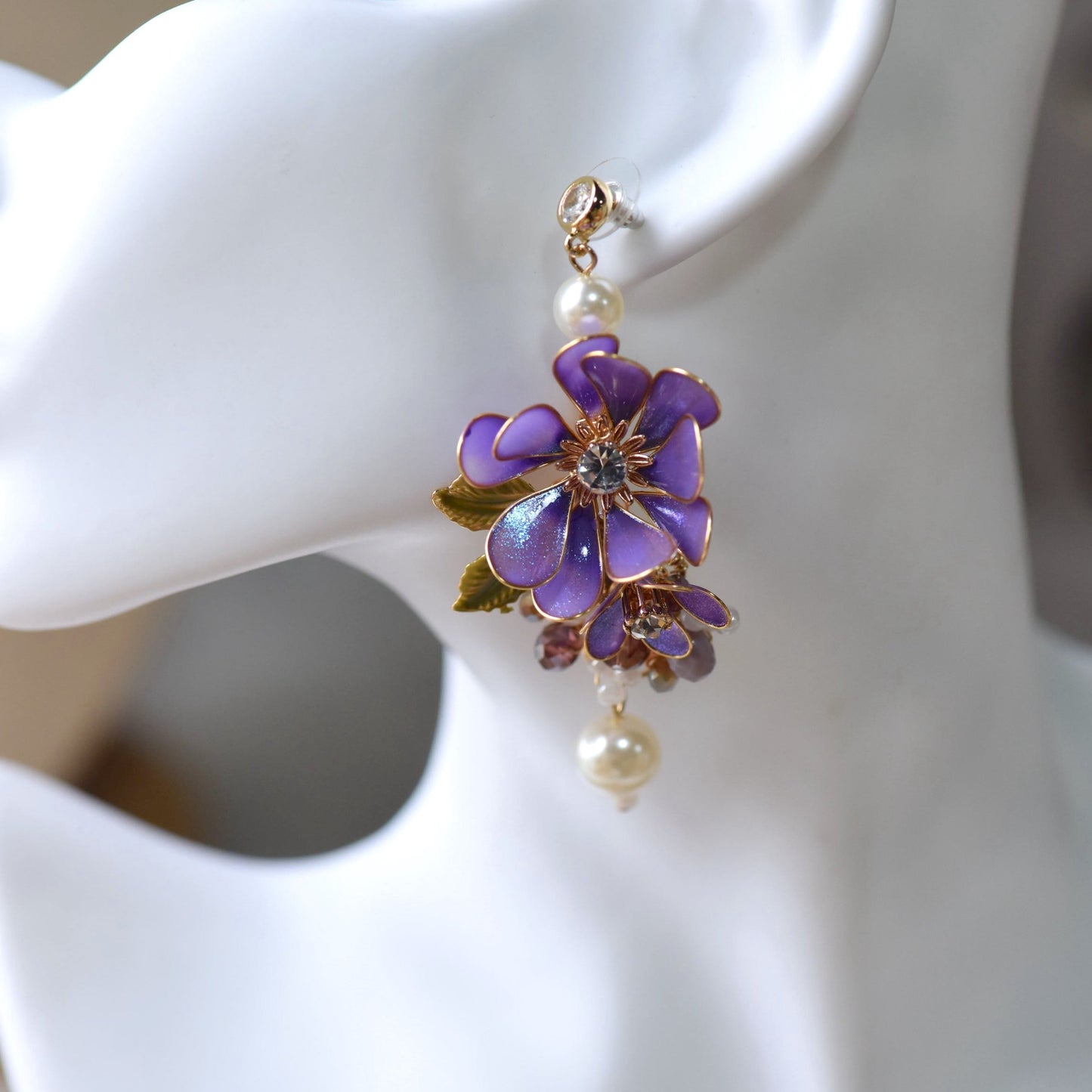 Capri handcrafted bright violet resin floral statement drop earrings crystal pearl mauve bead The Vintage Snob