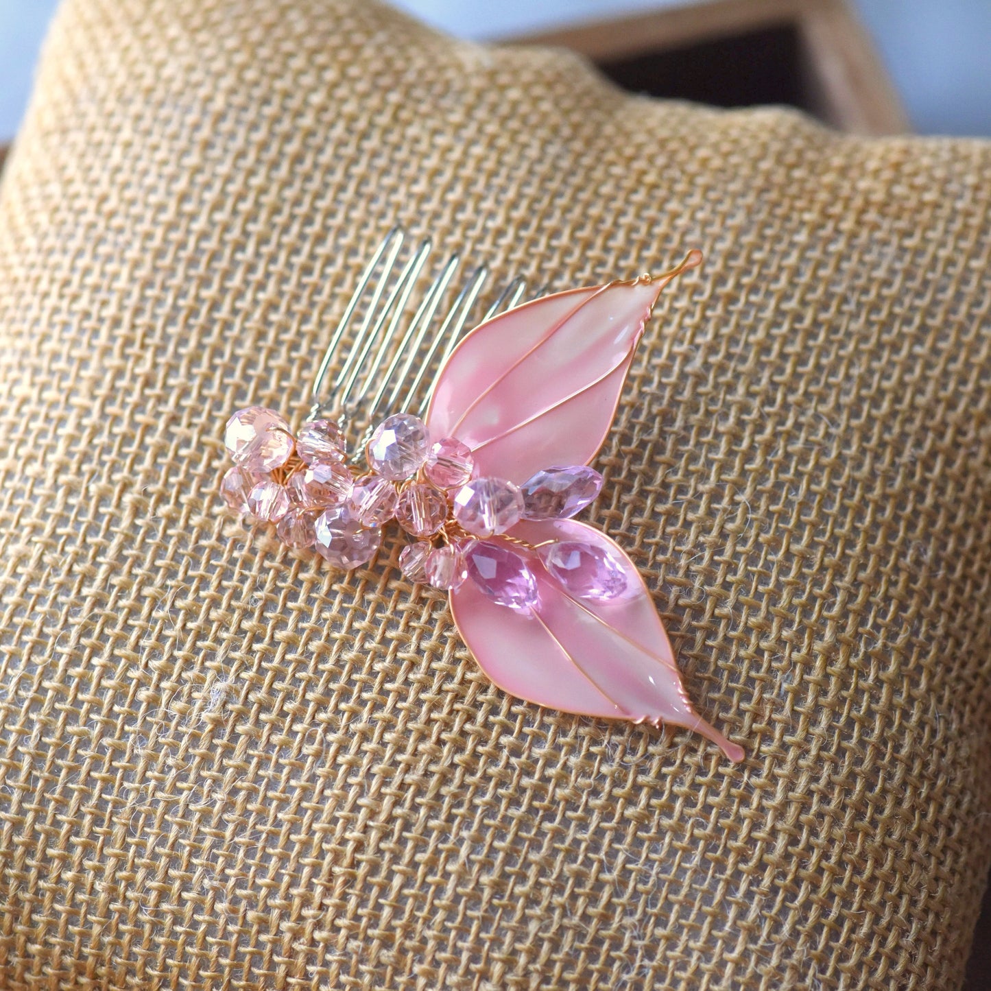 Celine handcrafted floral hair clips featuring blush pink resin petals and crystal bead detailing with soft gold wirework