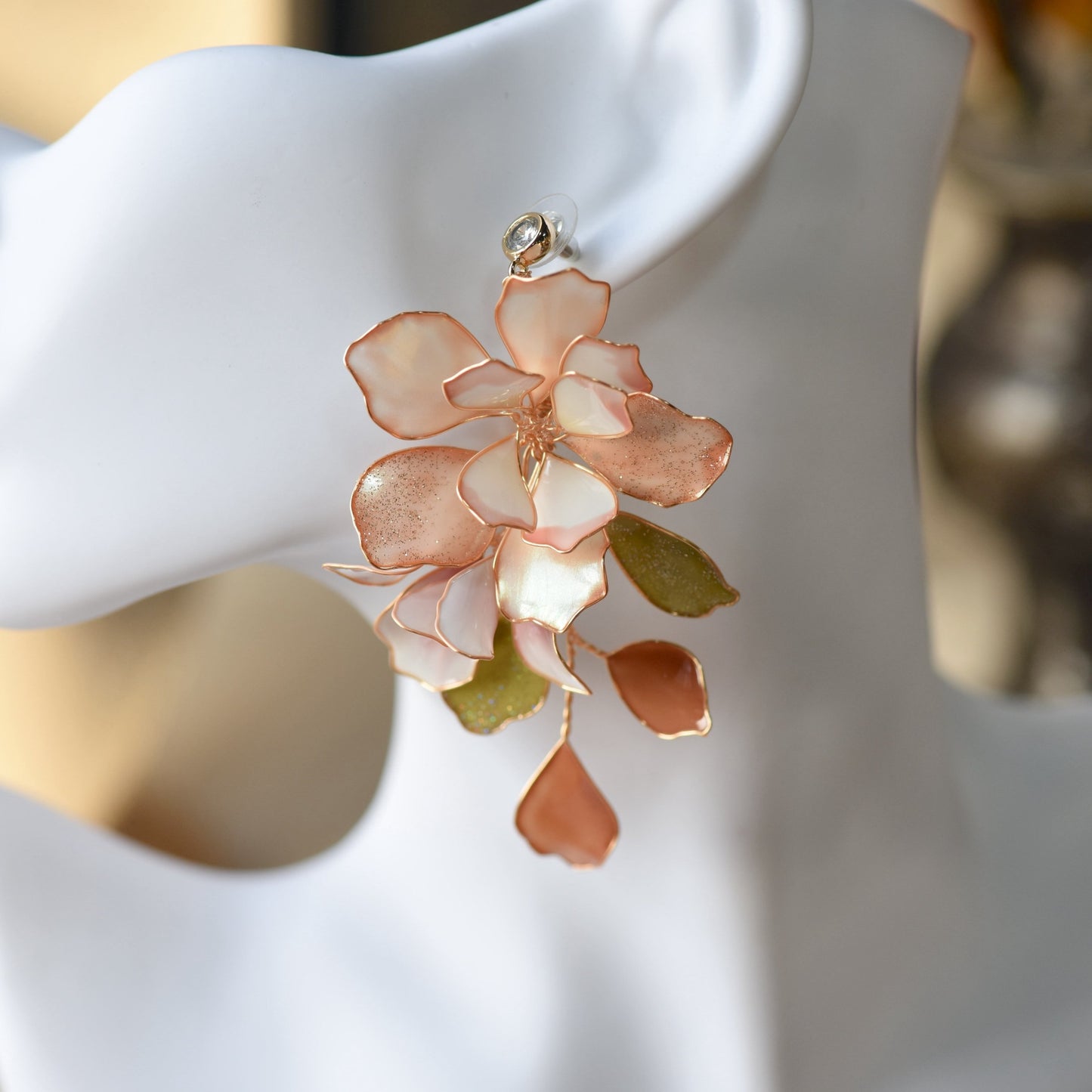 Sylvie handcrafted blush pink ivory resin floral drop earrings sage green mauve crystal teardrop on mannequin bridal