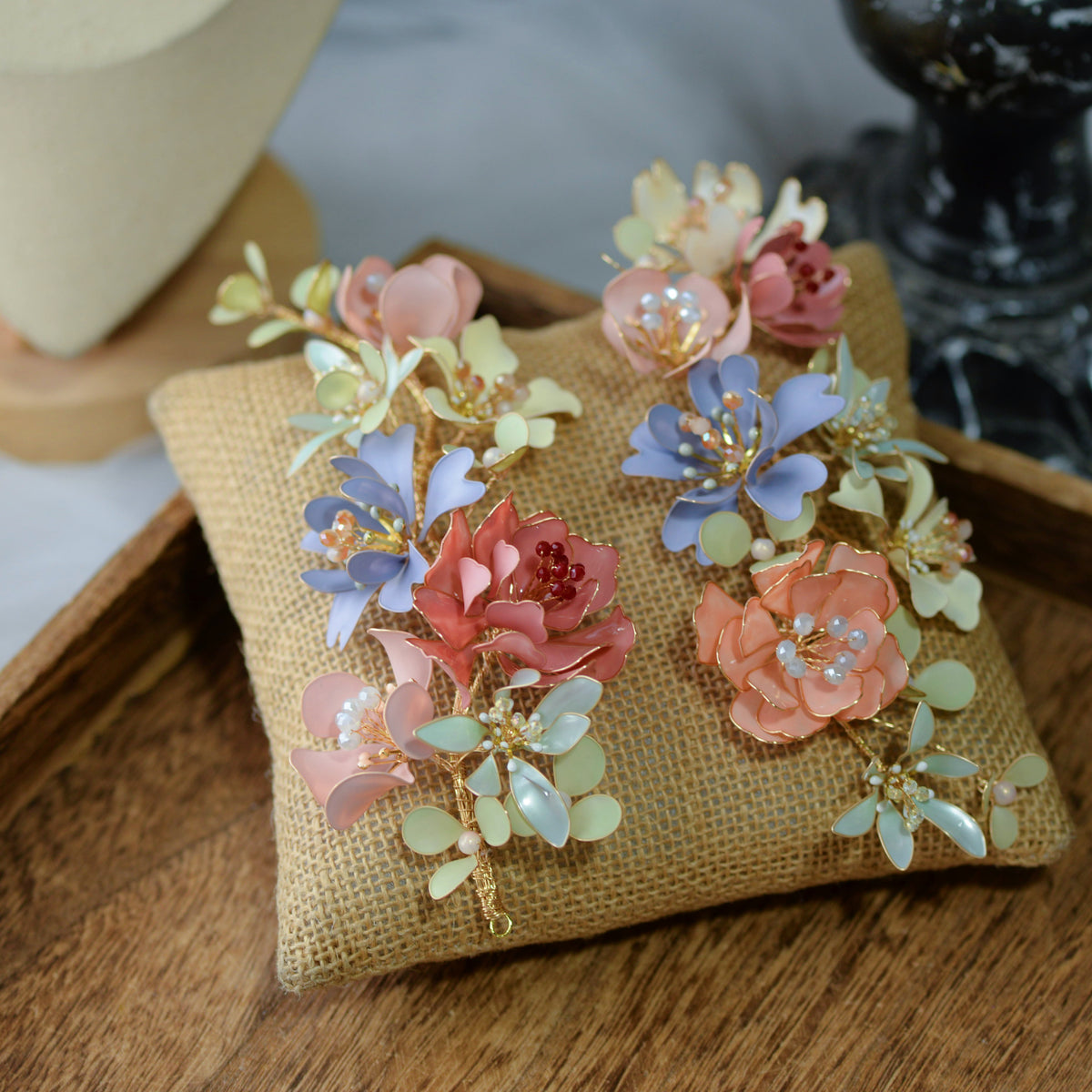 Ayaka peach dusty pink and cream resin floral hair vine detail showing layered blooms