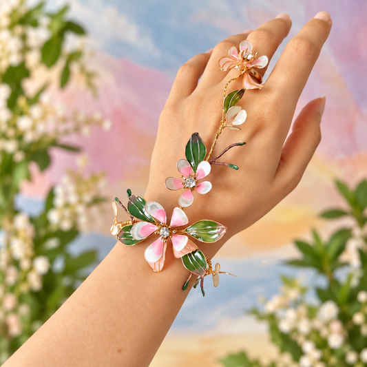 a resin floral haathphool worn on hand against a vibrant background
