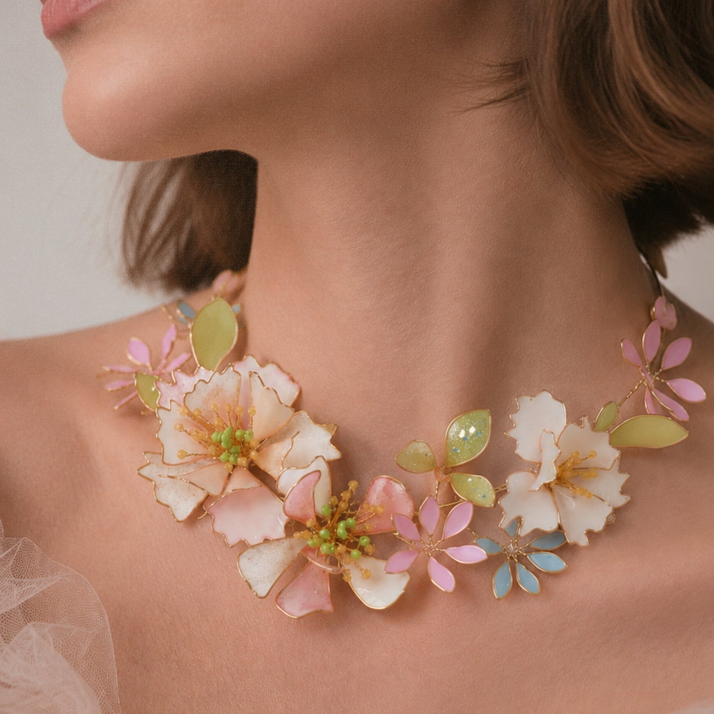 pastel floral necklace on a model , resin handmade chocker necklace