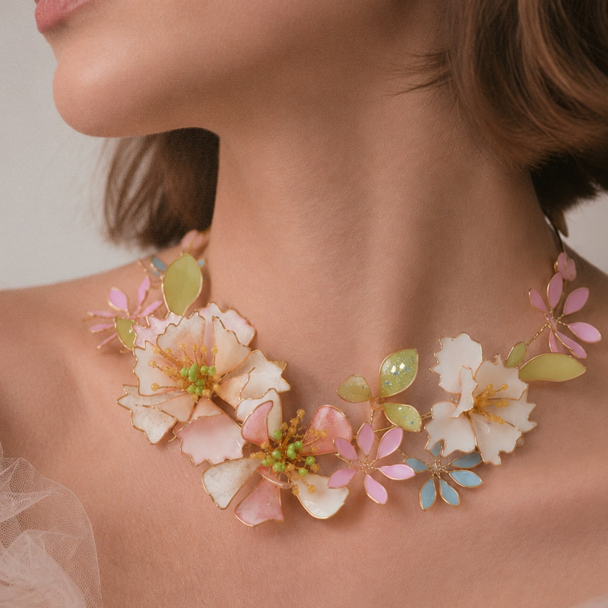 pastel floral necklace on a model , resin handmade chocker necklace