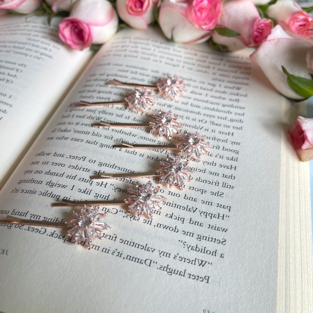 Rose Gold Flower Crystal Hair Clips