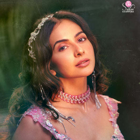 Actress Rakul Preet Singh wearing the Alaia crystal bridal headband, front view

