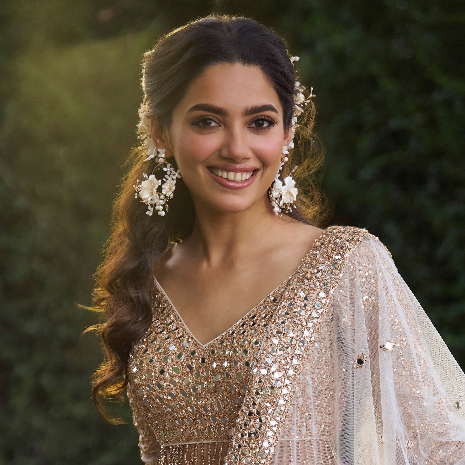 Amara handcrafted white resin floral statement earrings gold Abhinav Mishra bridal collaboration editorial 3
