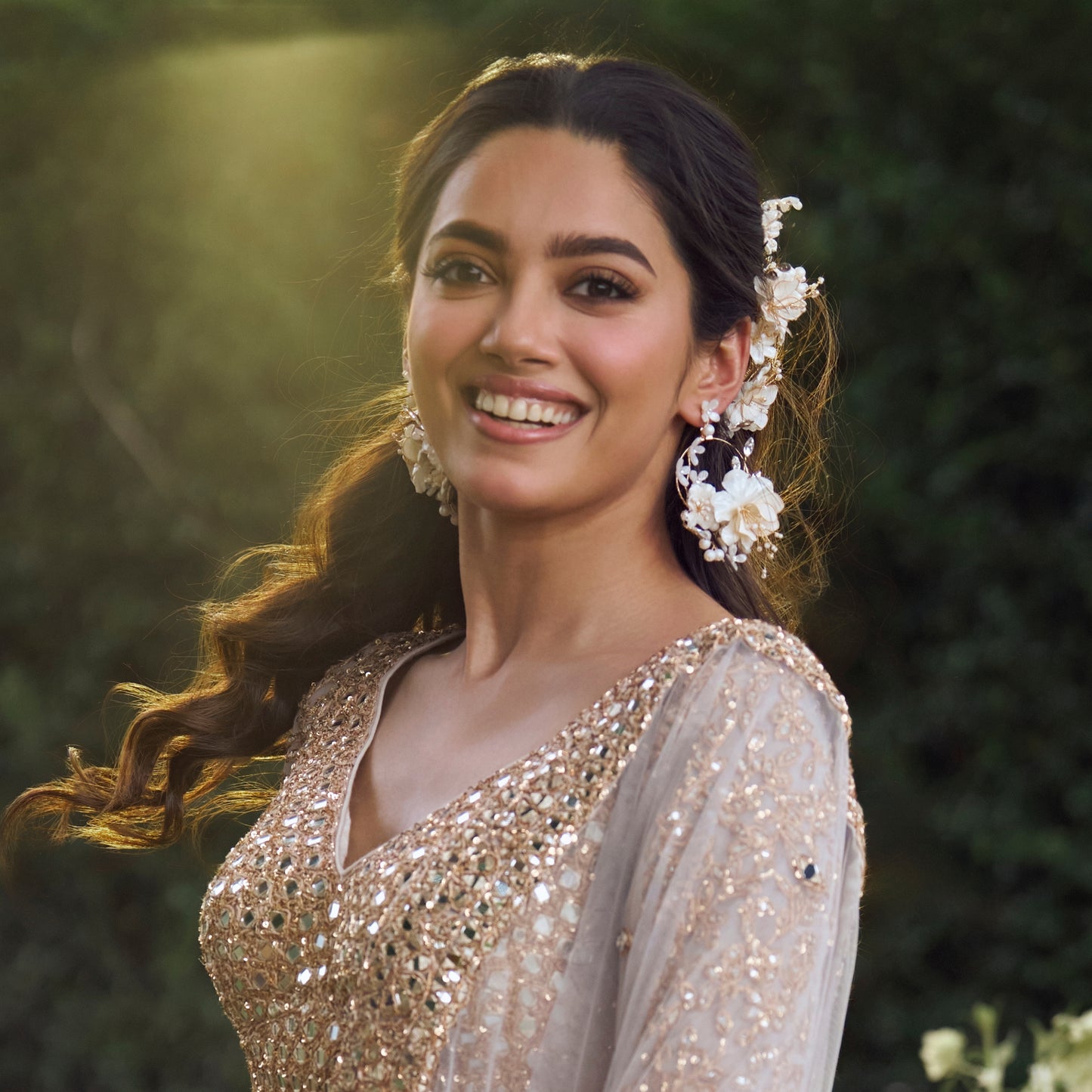 Model wearing Amara handcrafted white resin floral hair clips gold Abhinav Mishra bridal editorial collaboration 2
