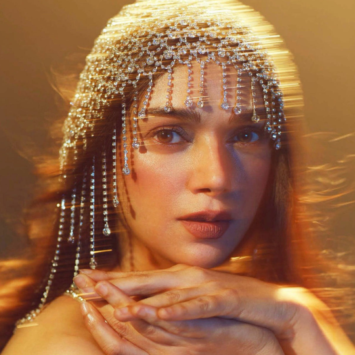 Actress Aditi Rao Hydari wearing the Anastasia zirconia head chain on the cover of Khush Wedding Magazine

