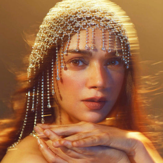 Actress Aditi Rao Hydari wearing the Anastasia zirconia head chain on the cover of Khush Wedding Magazine
