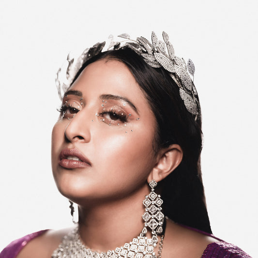 Singer Raja Kumari wearing the Apollo silver zirconia leaf headband from The Bridge World Tour photoshoot
