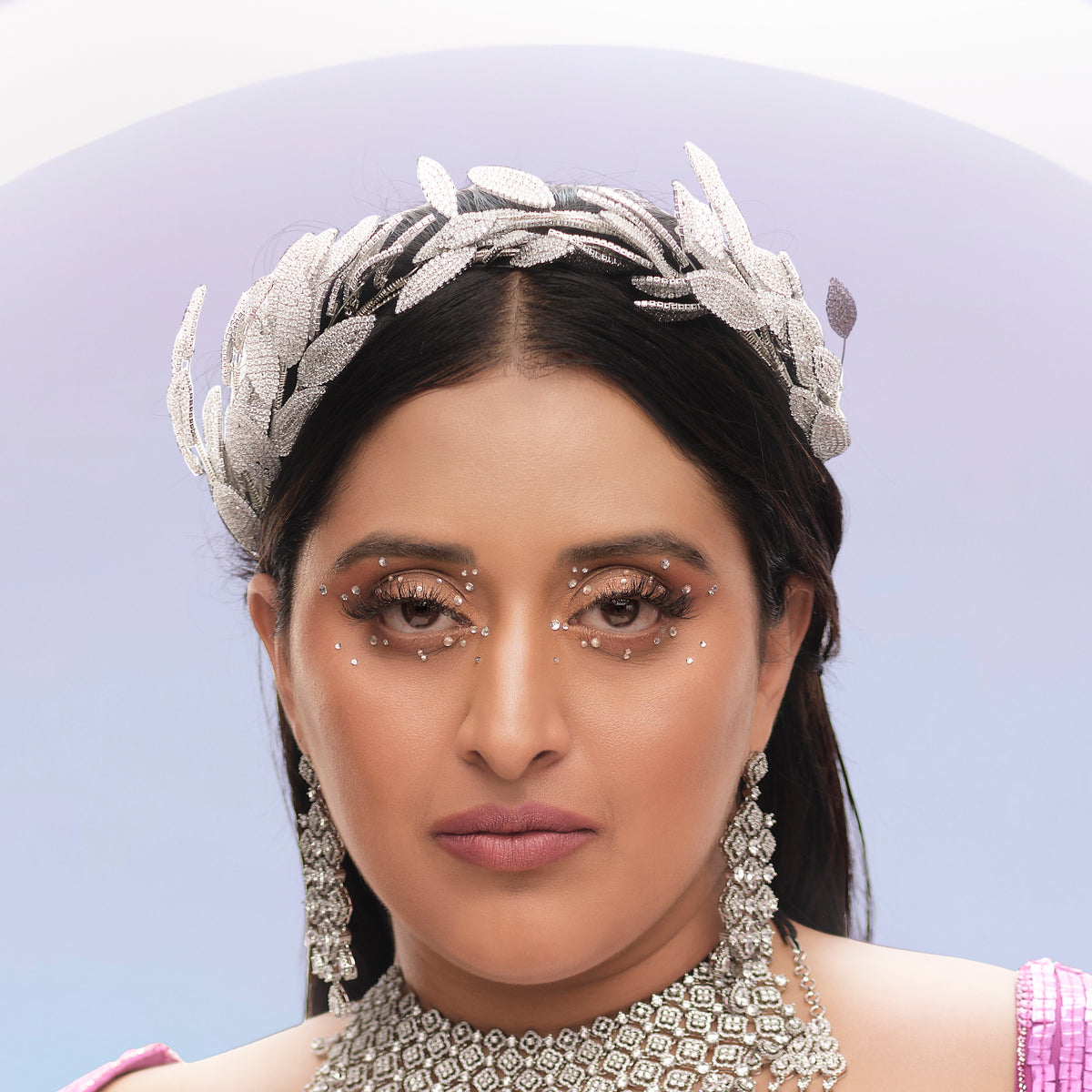 Raja Kumari wearing the Apollo zirconia leaf statement headband, front view showing the full laurel crown
