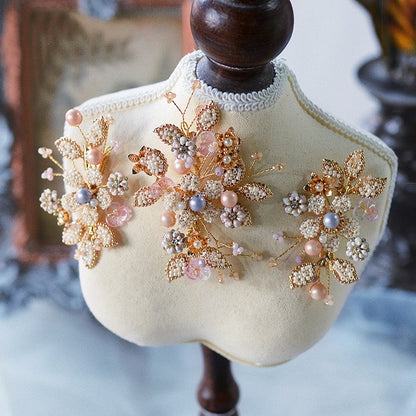 Arabella II handcrafted metal bead floral hair clips golden cream beige on bust bridal hair accessory
