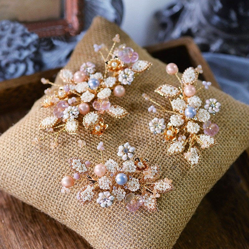 Arabella II handcrafted metal bead floral hair clips golden cream beige set of three product detail

