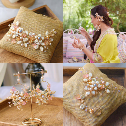 Arabella handcrafted metal bead jewellery set collage necklace earrings haath phool golden cream blush pink pearl
