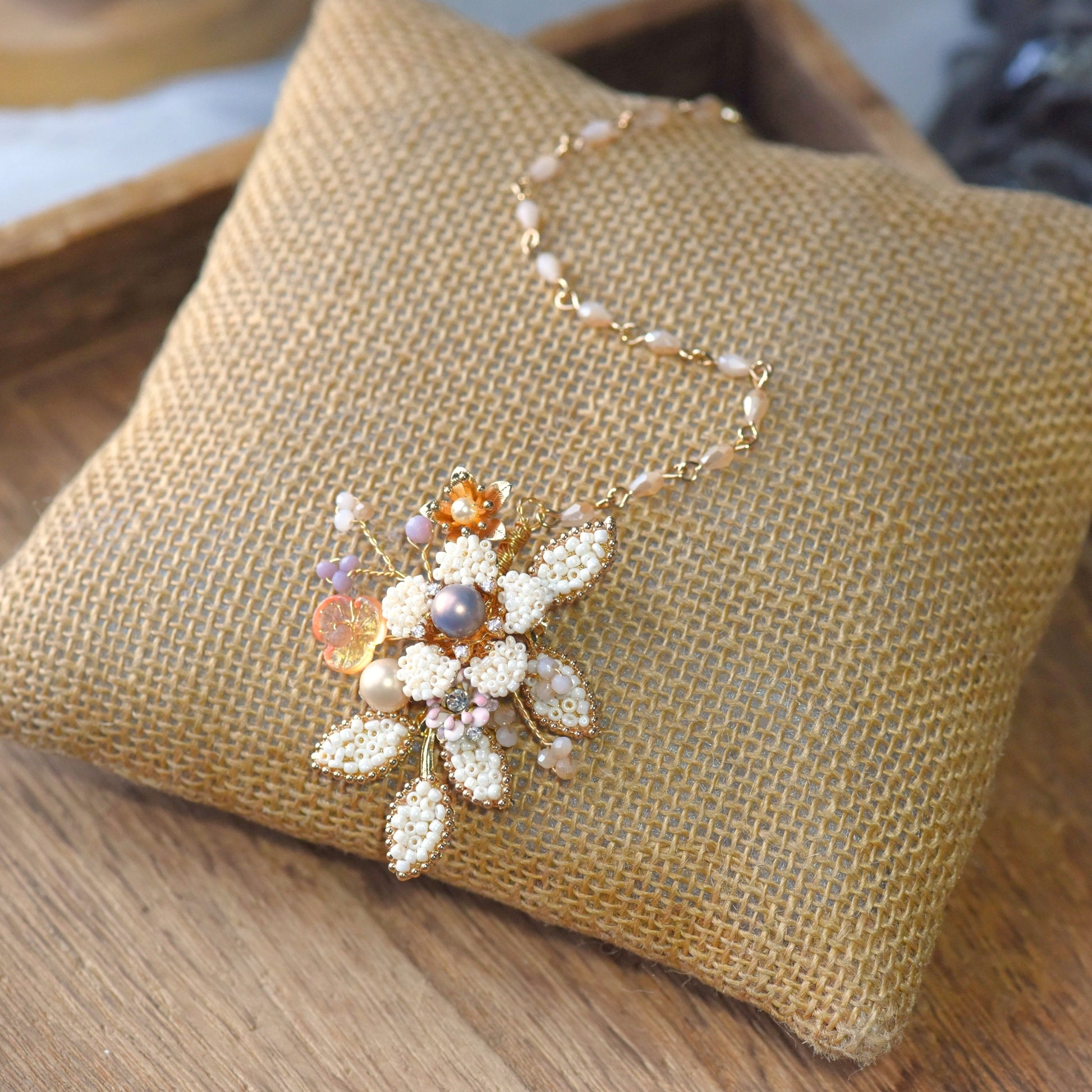 Arabella handcrafted metal bead pearl bridal maang tikka golden cream lavender on bust bridal headpiece
