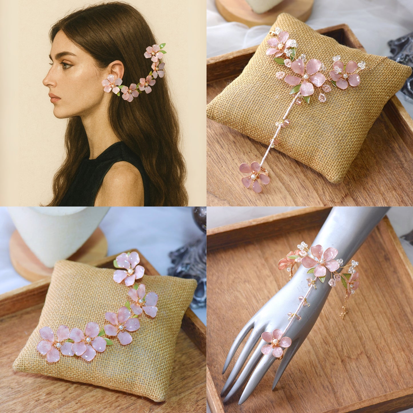 Aubri bridal set pink floral hair harness and hand harness displayed together

