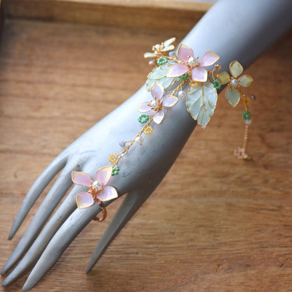 Aurora mint and lilac pink resin floral hand harness shown on a mannequin hand from wrist to ring
