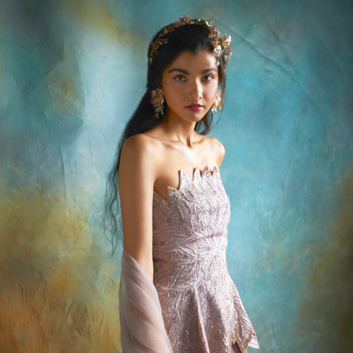 Ayaka peach and mint resin floral earrings styled with pastel outfit
