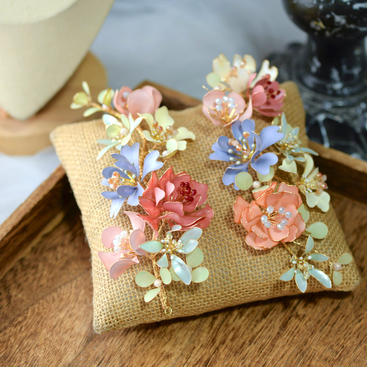 Ayaka peach dusty pink and blue resin floral hair vines from the bridal set
