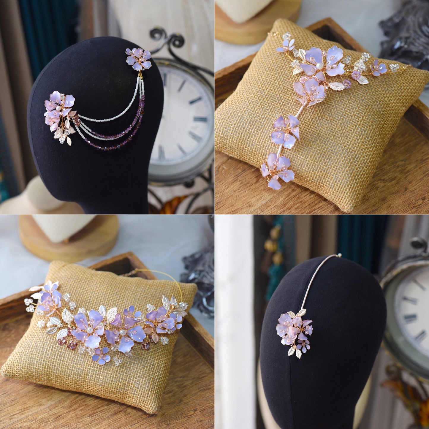 Belle lavender resin floral complete bridal jewellery set with earrings necklace maang tika and hand harnesses

