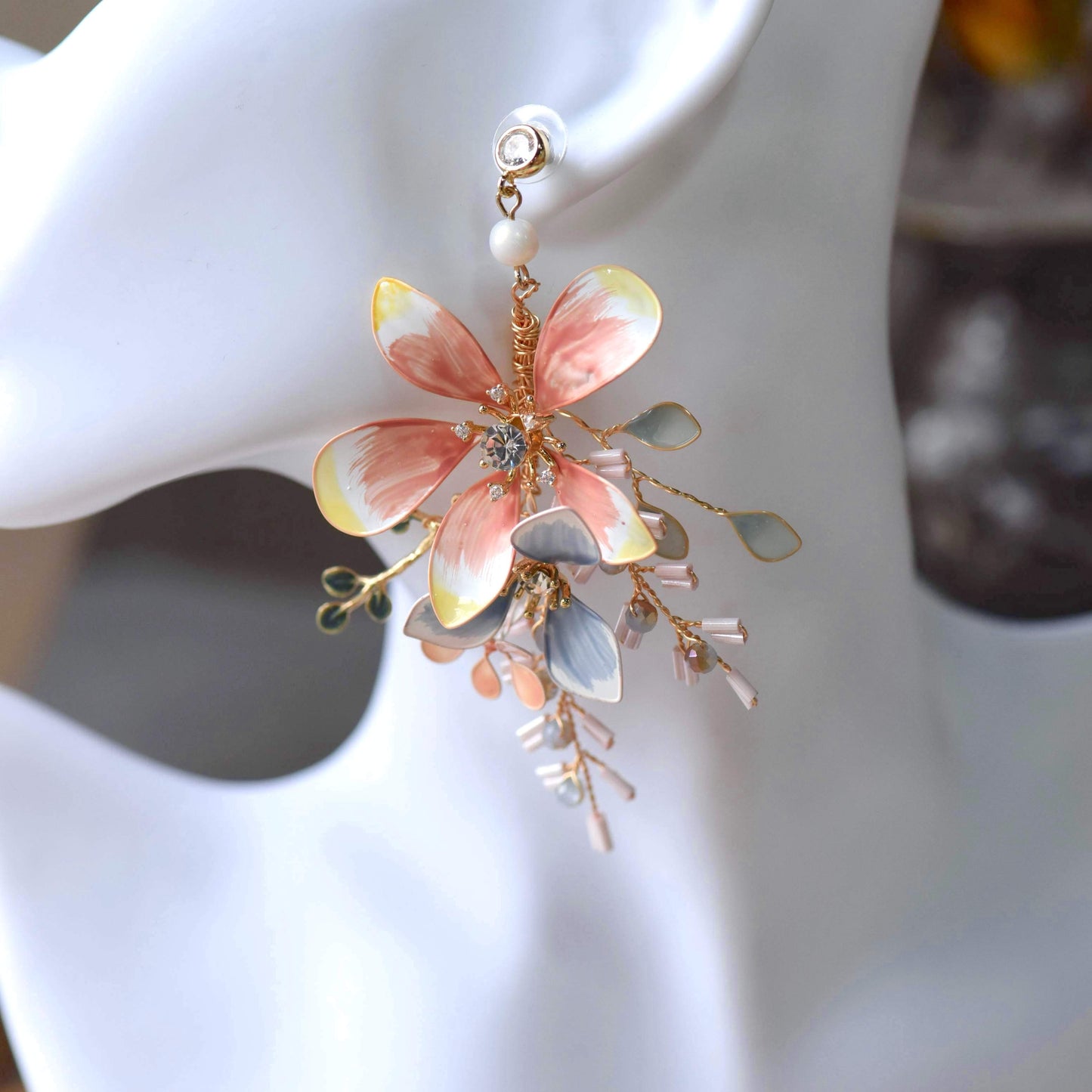 Bijou handcrafted pastel resin floral statement drop earrings multicolour teal green rose gold wirework The Vintage Snob
