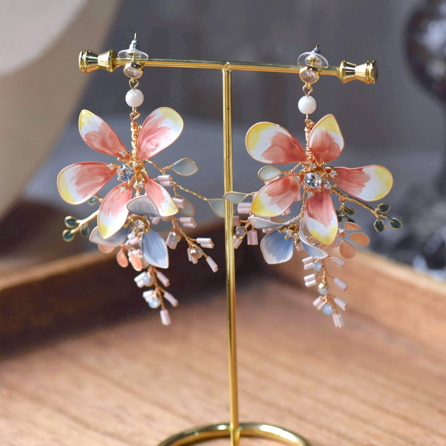 Bijou handcrafted resin floral earrings blush pink soft yellow powder blue watercolour petals diamond crystal bugle bead fringe

