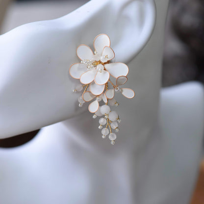 Calla handcrafted white resin floral bridal drop earrings rose gold wire outline crystal bead centre cascading opalescent drops
