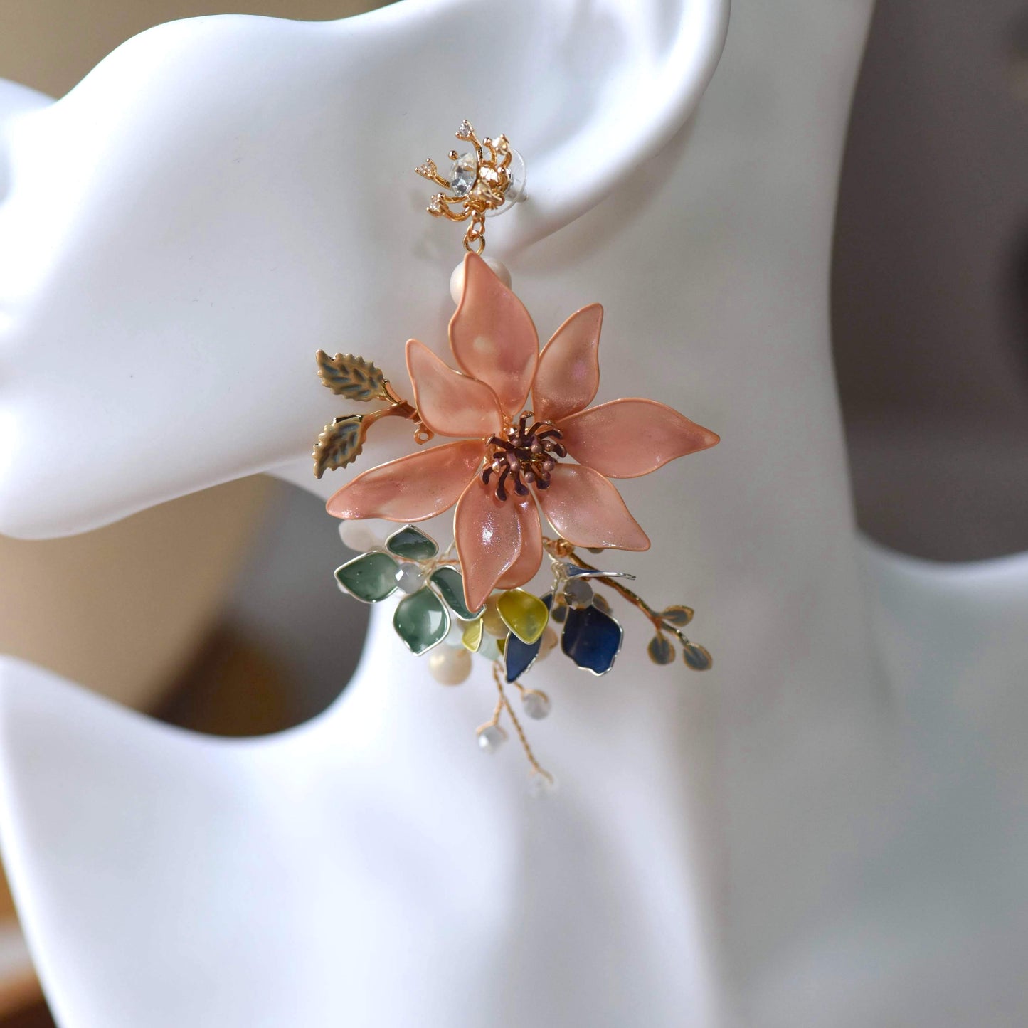 Camille handcrafted blush pink shimmer resin floral statement drop earrings navy blue teal opalescent The Vintage Snob
