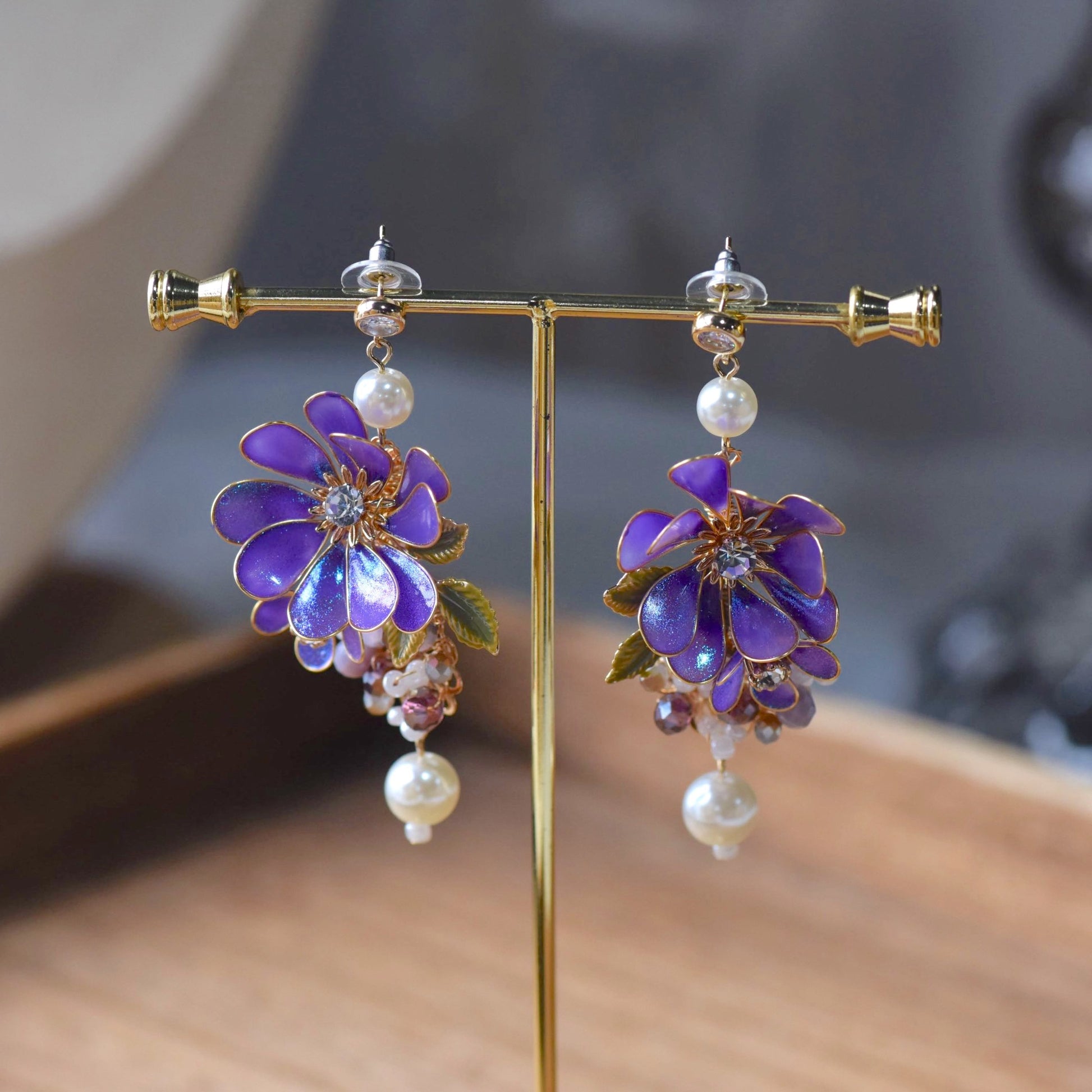 Capri handcrafted violet resin floral drop earrings cobalt blue petals gold wire crystal pearl drops detail
