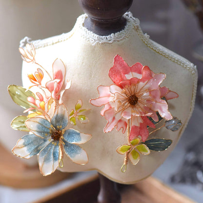 Cassandra handcrafted resin floral bridal hair clips powder blue pink white teal green gold on white bust
