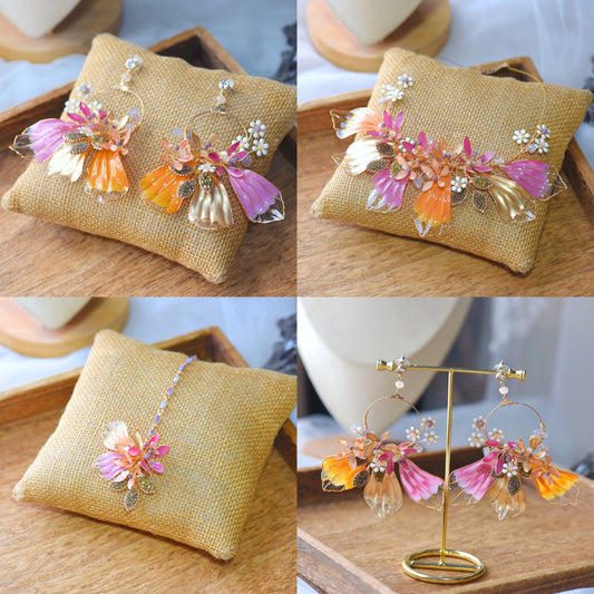 Catriona complete handcrafted resin floral jewellery set pink orange gold earrings necklace maang tika haath phool collage

