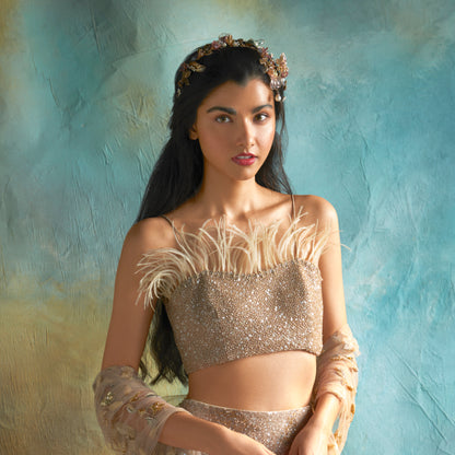 Model wearing the Catriona lavender and green resin floral head harness in an editorial portrait
