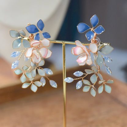 Ciel handcrafted blue botanical vine resin drop earrings cobalt powder blue ice blue mint grey blush pink rose gold stand
