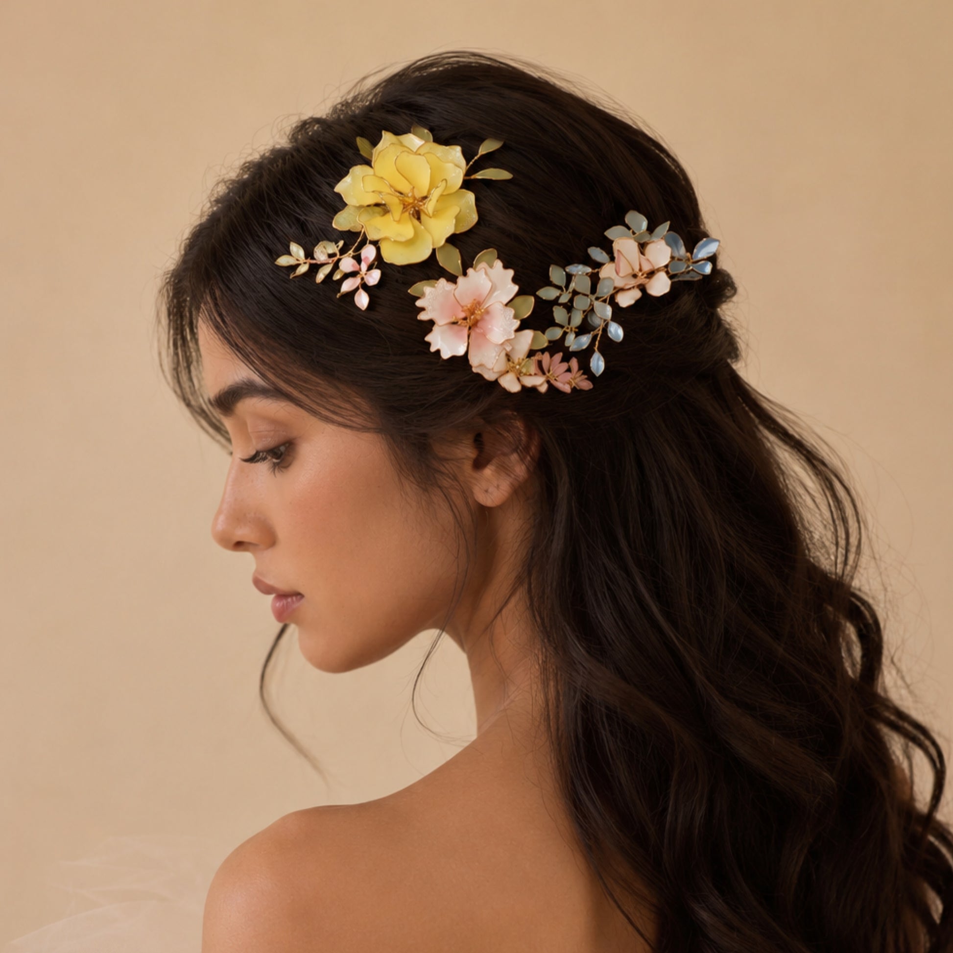 model wearing handmade resin floral Elena hair clips as a bridesmaid