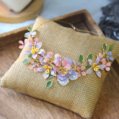 Ella blush pink and lavender resin floral necklace detail showing yellow beaded centres
