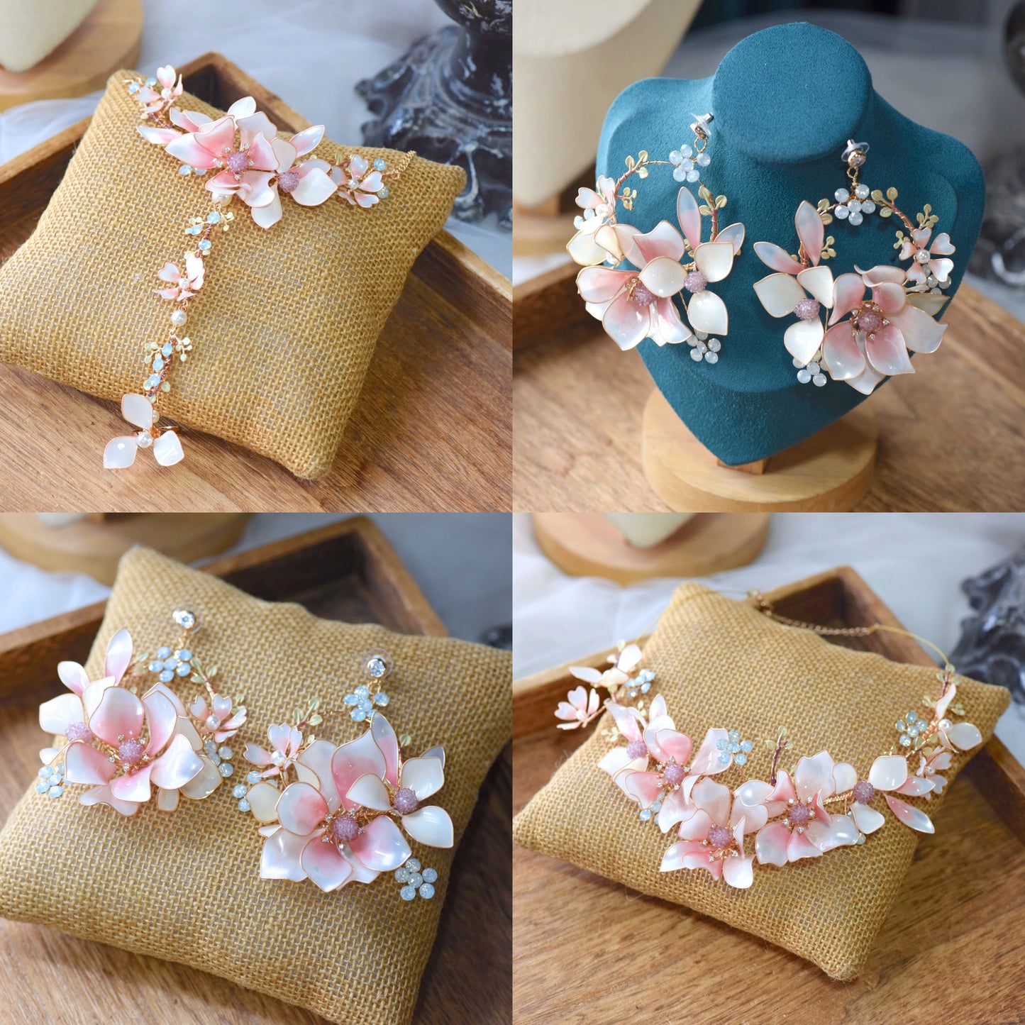 Elvyne white and pink resin floral bridal jewellery set collage showing necklace, earrings and hand harness
