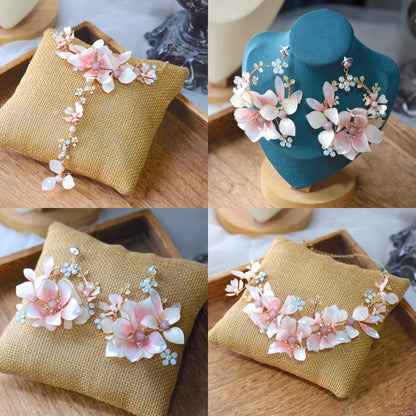Elvyne white and pink resin floral bridal jewellery set collage showing necklace, earrings and hand harness
