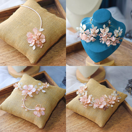 Eos blush pink resin floral bridal jewellery set collage showing necklace, earrings, hand harnesses and maang tika

