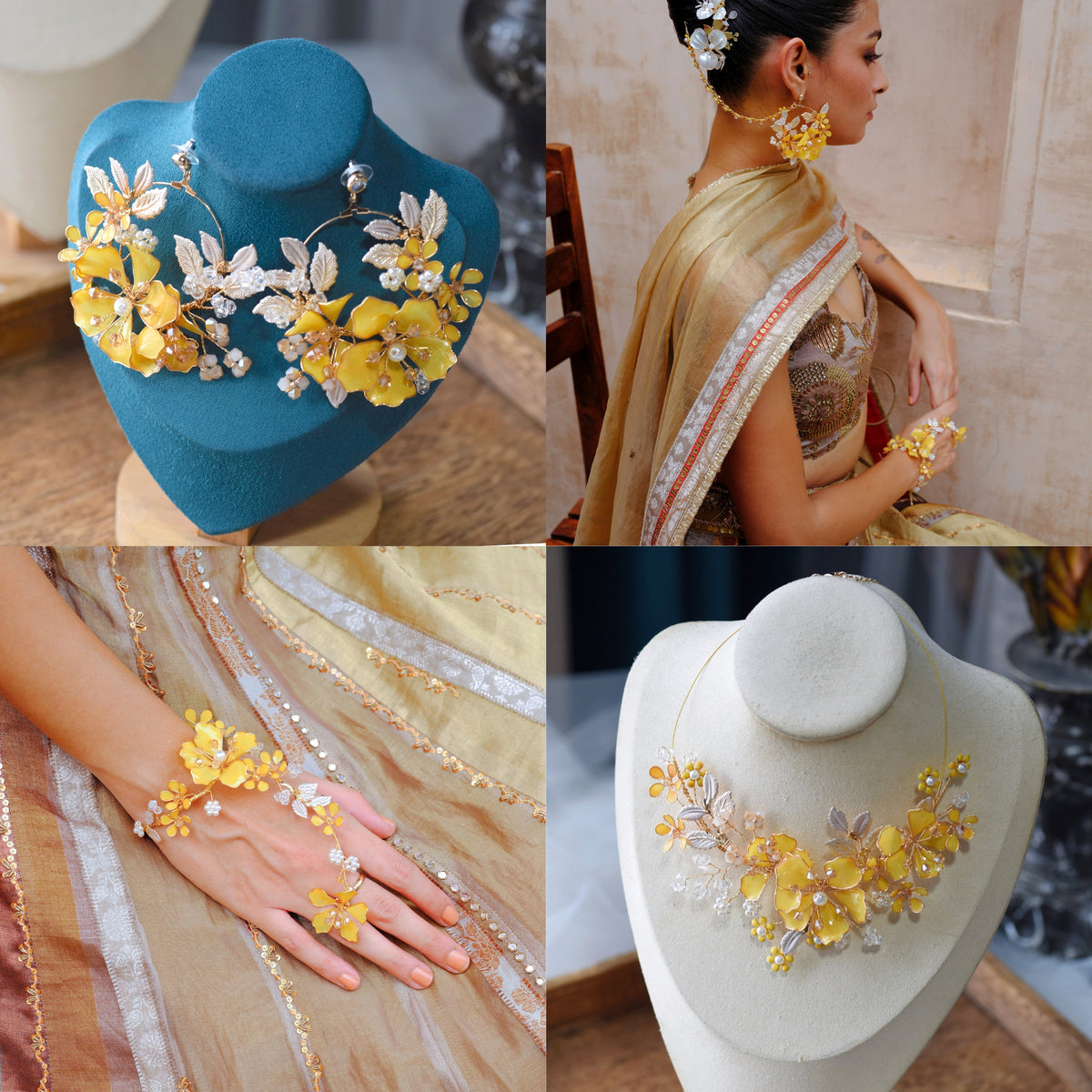 Helios yellow resin floral bridal jewellery set collage showing necklace, earrings, hand harness and ring
