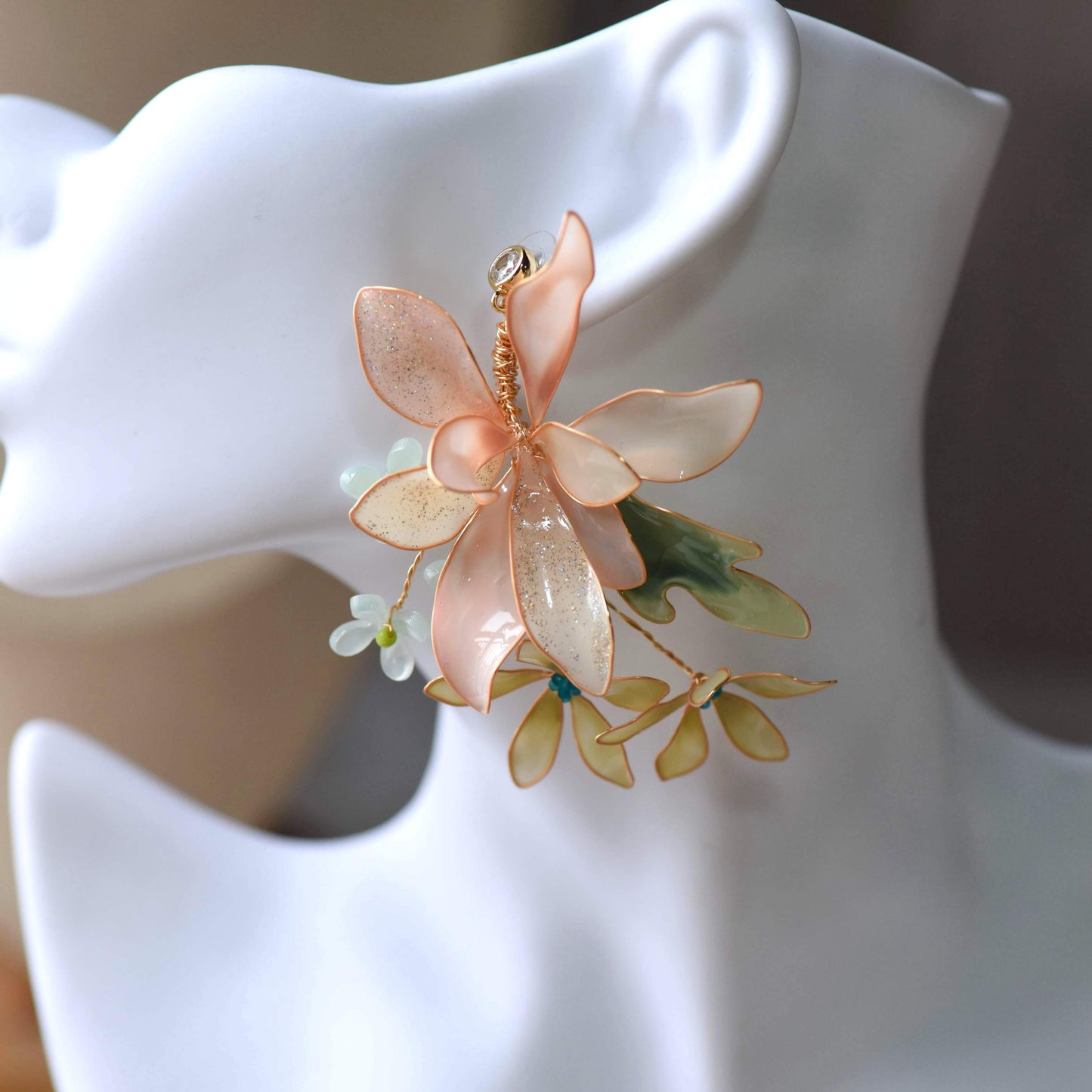 Margot handcrafted blush pink ivory resin floral statement drop earrings sage mint green rose gold wirework The Vintage Snob
