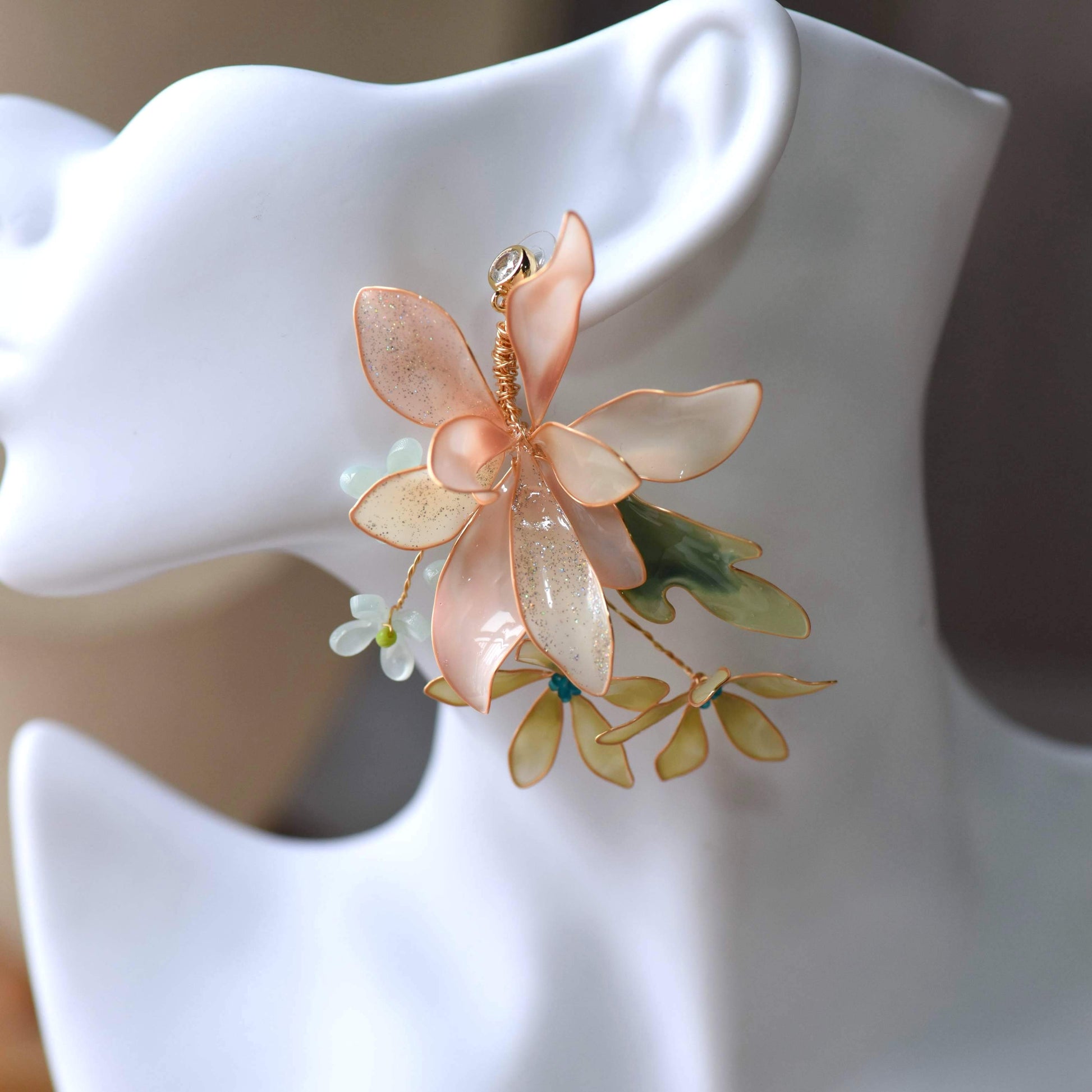 Margot handcrafted blush pink ivory resin floral statement drop earrings sage mint green rose gold wirework The Vintage Snob
