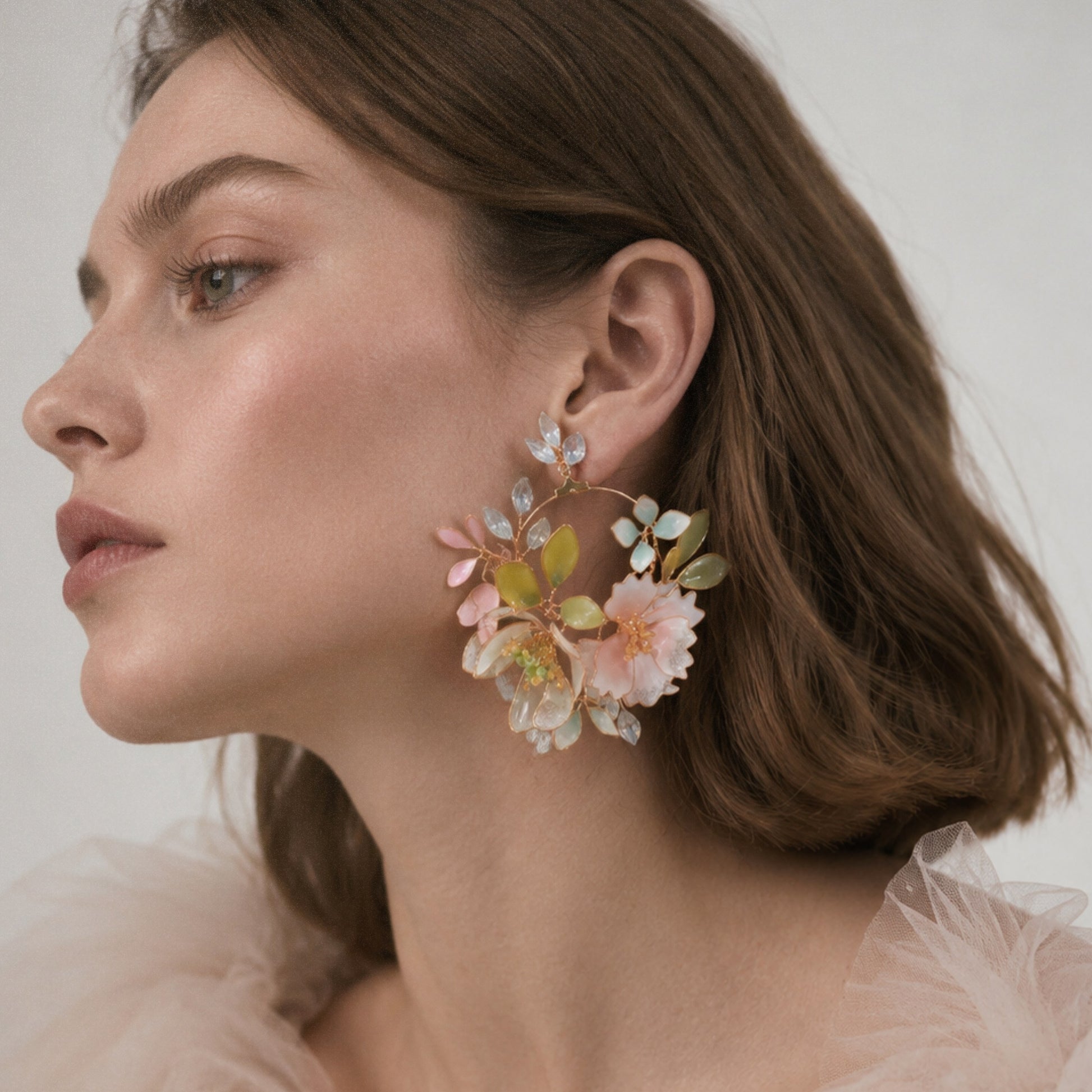 Resin Floral Earrings on a model, pastel earrings, handcrafted by The Vintage Snob