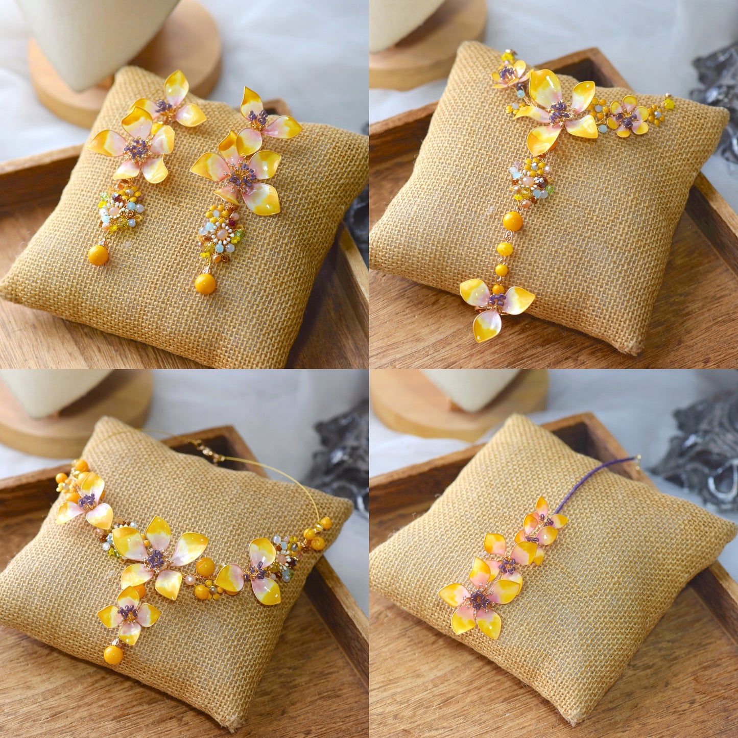 Seraphina complete handcrafted resin floral jewellery set yellow peach lavender violet collage earrings necklace maang tika haath phool
