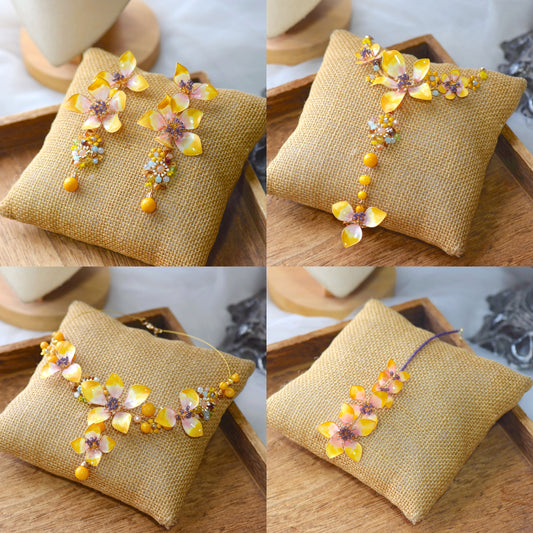 Seraphina complete handcrafted resin floral jewellery set yellow peach lavender violet collage earrings necklace maang tika haath phool
