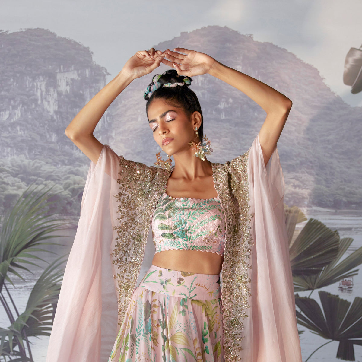 Model wearing Shaylah pastel floral statement earrings in The Vintage Snob campaign with designer Mrunalini Rao
