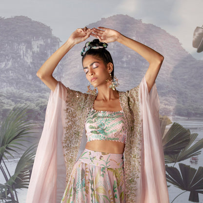 Model wearing Shaylah pastel floral statement earrings in The Vintage Snob campaign with designer Mrunalini Rao
