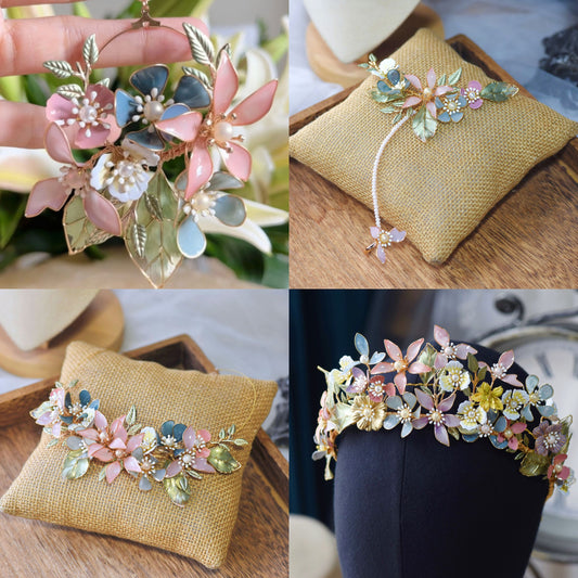 Shaylah pastel resin floral bridal jewellery set collage showing earrings, necklace, hand harness and headband
