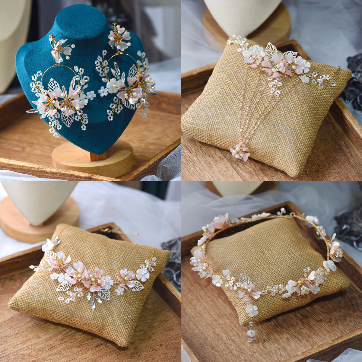 Sophia white and pearl resin floral bridal jewellery set collage showing earrings, head harness, hand harness and necklace
